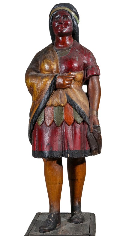 19th-century tobacconist figure of Native‑American princess, 69 in., carved and gessoed pine, attributed to Samuel Robb. Sold online for $13,560.