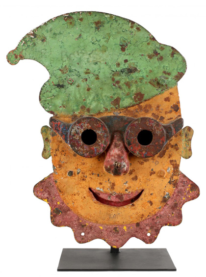 Only known example of William F. Mangels (Coney Island, NY) cast‑iron light‑up clown gallery target known as ‘Rowdy,’ monumental 26 x 19.5in size. Depicted in the book ‘American Vernacular’ by Maresca/Ricco.Sold for $35,200, believed to be a world record price for a shooting gallery target sold at auction