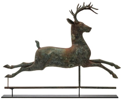 Unusual running‑stag copper weathervane, 19th century, 26 x 33.25 in., attributed by some to J.W. Fiske & Co. Sold online for $21,470.