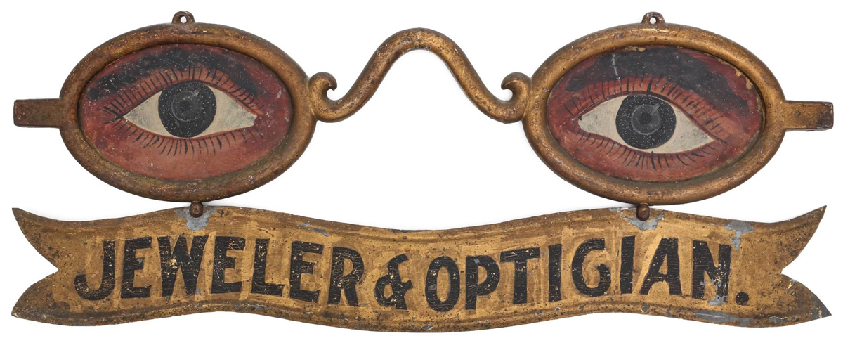 Folk art trade sign advertising ‘Jeweler & Optician’ originally displayed at the office of L.D. Cutler, an optician in Windsor Locks, Connecticut, who, according to the census, was 24 years old in 1920. Sold to an auction guest for $12,430.