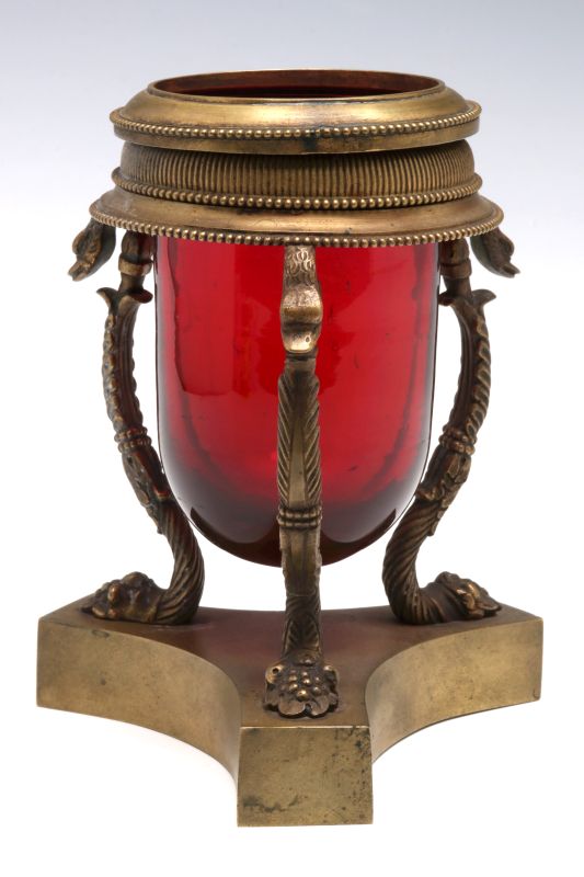 A 19TH C. FRENCH RUBY GLASS VASE IN BRONZE STAND