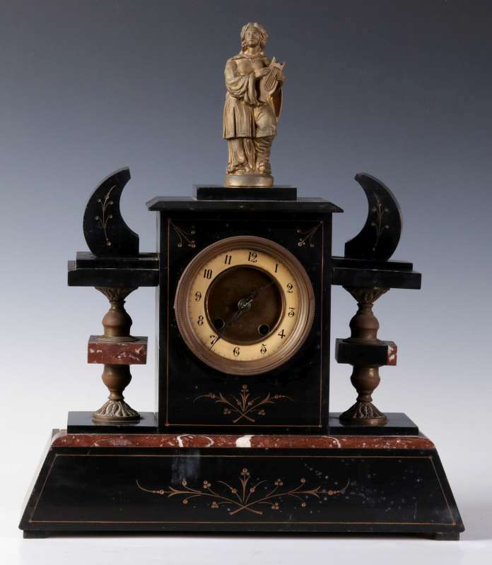 A CONTINENTAL SLATE AND MARBLE MANTEL CLOCK