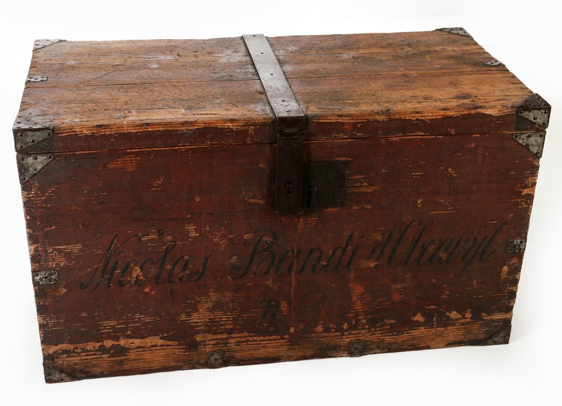 A 19TH CENTURY IRON BOUND IMMIGRANT'S TRUNK