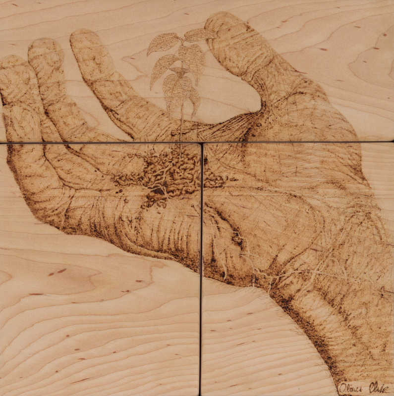 AN OLIVER T. CLARK PYROGRAPHY ON WHITE MAPLE PANEL