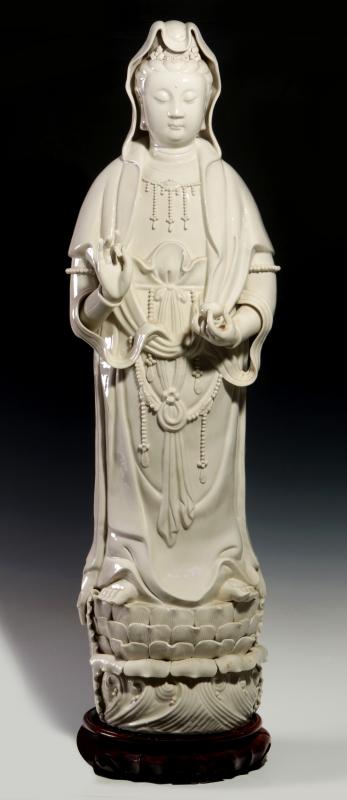 A LARGE CHINESE BLANC-DE-CHINE GUANYIN, 43-INCHES 