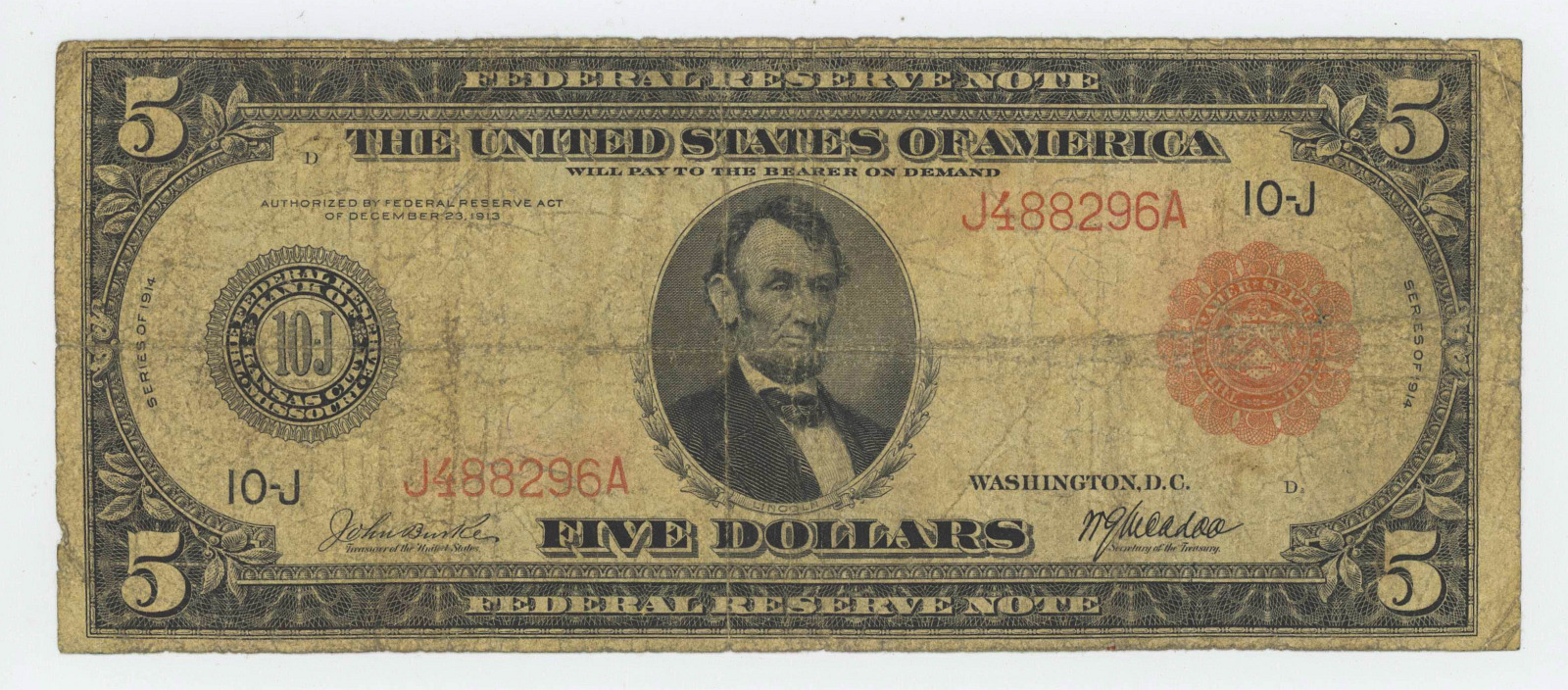 1914 FIVE DOLLAR FEDERAL RESERVE NOTE, RED SEAL