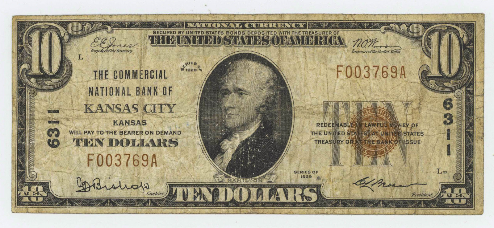 1929 TEN DOLLAR NATIONAL CURRENCY KANSAS CITY