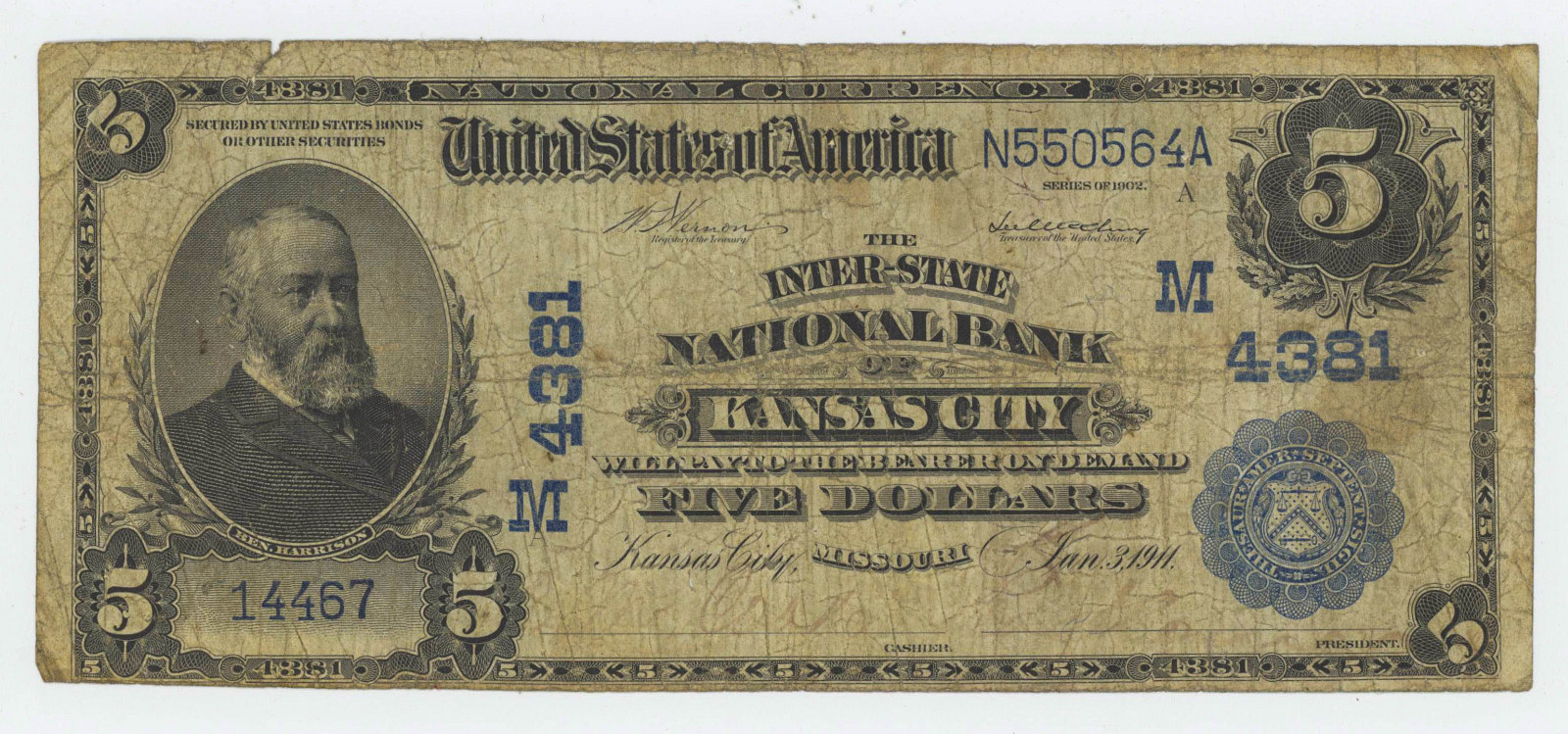 1902 FIVE DOLLAR NATIONAL CURRENCY DATE BACK