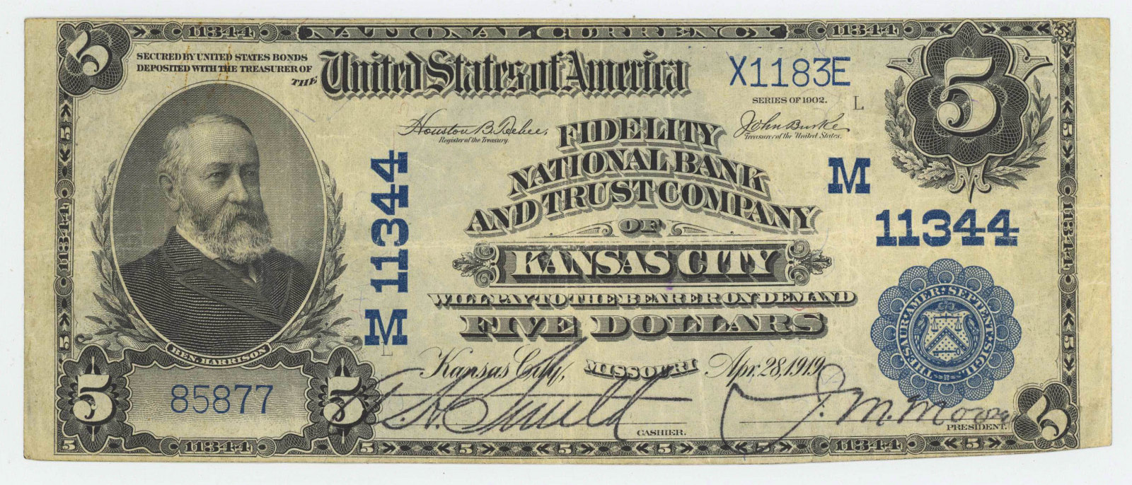 1902 FIVE DOLLAR NATIONAL CURRENCY KANSAS CITY