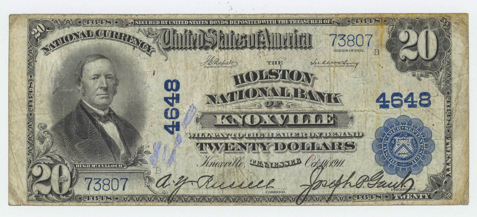 1902 TWENTY DOLLAR NATIONAL CURRENCY KNOXVILLE