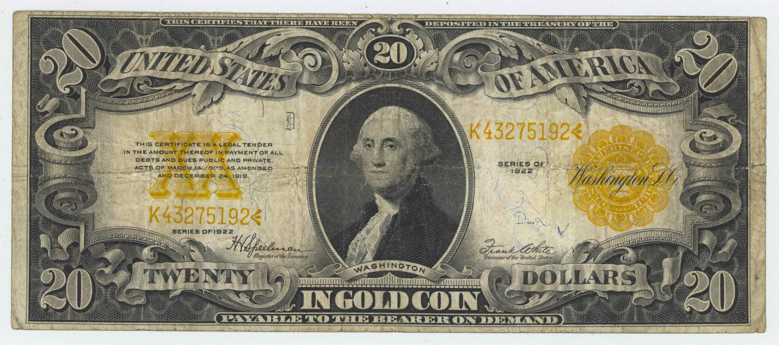 1922 TWENTY DOLLAR GOLD CERTIFICATE