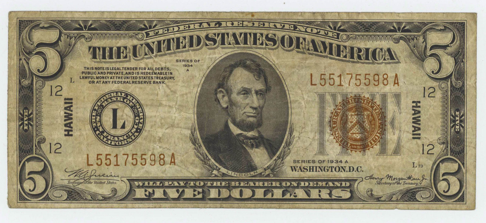 1934-A FIVE DOLLAR FEDERAL RESERVE NOTE - HAWAII