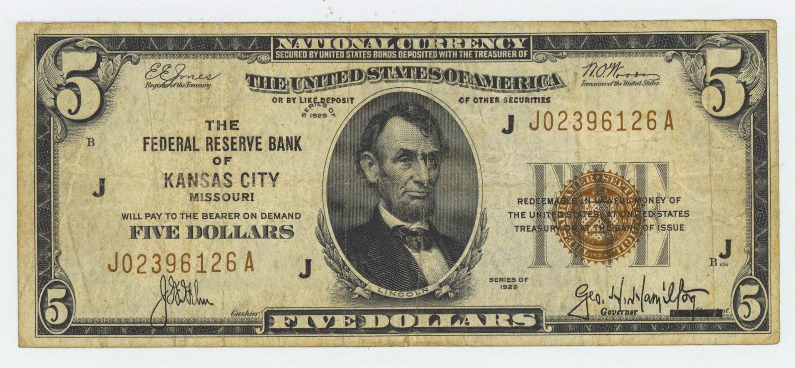 1929 FIVE DOLLAR NATIONAL CURRENCY KANSAS CITY