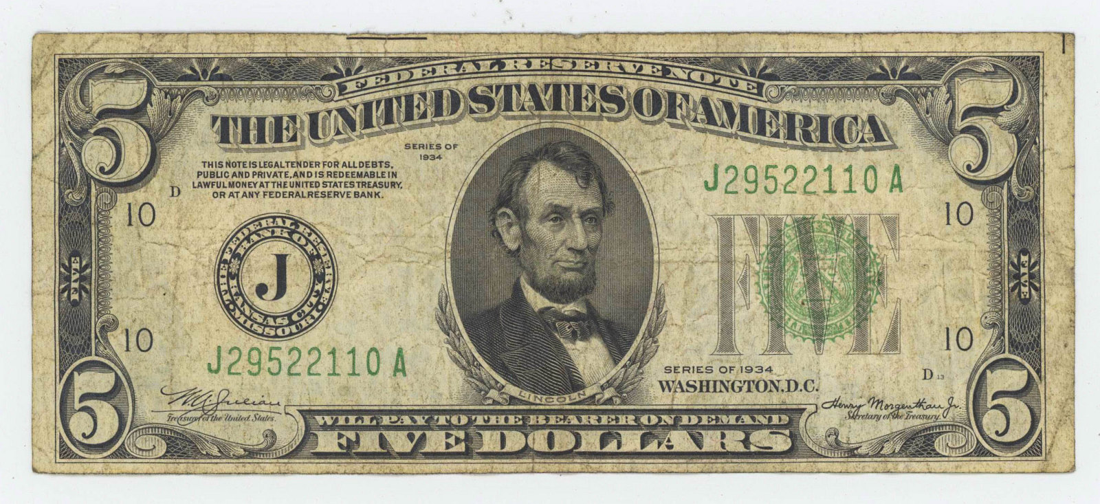 1934 FIVE DOLLAR FEDERAL RESERVE NOTE