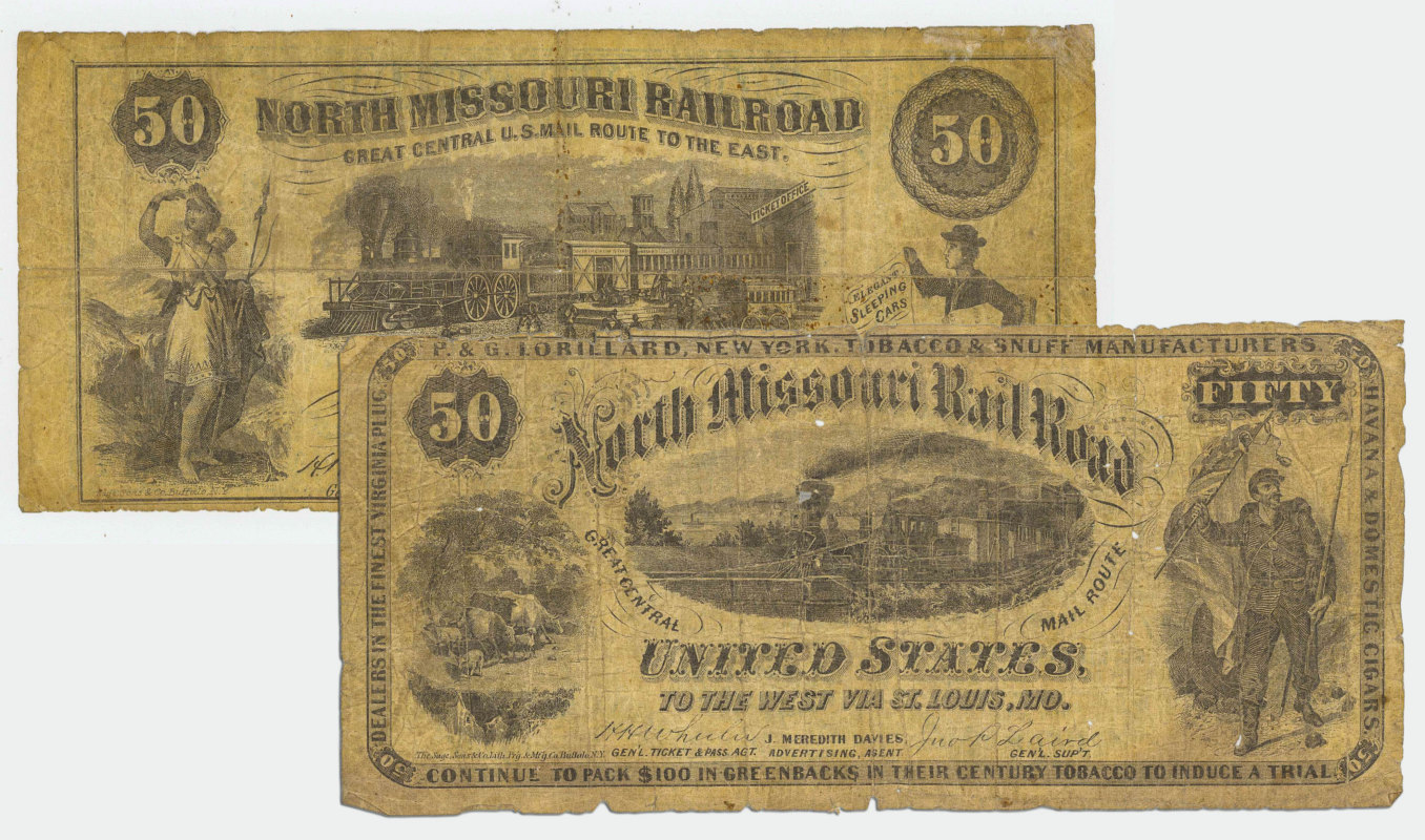 PAIR OF NORTH MISSOURI RAILROAD FIFTY DOLLAR NOTES