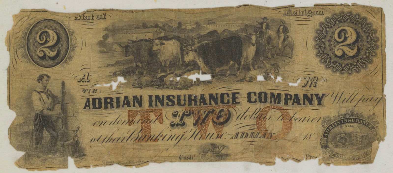 ADRIAN INSURANCE TWO DOLLAR NOTE