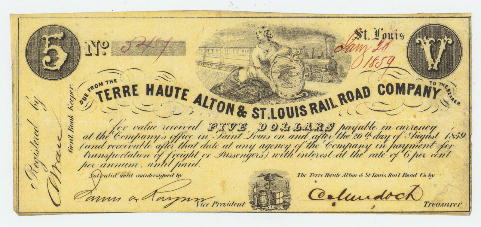 1859 TERRE HAUTE ALTON & ST LOUIS TEN DOLLAR NOTE