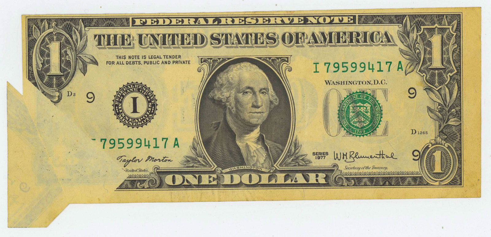 1977 ONE DOLLAR NOTE WITH CREASE/FOLD ERROR