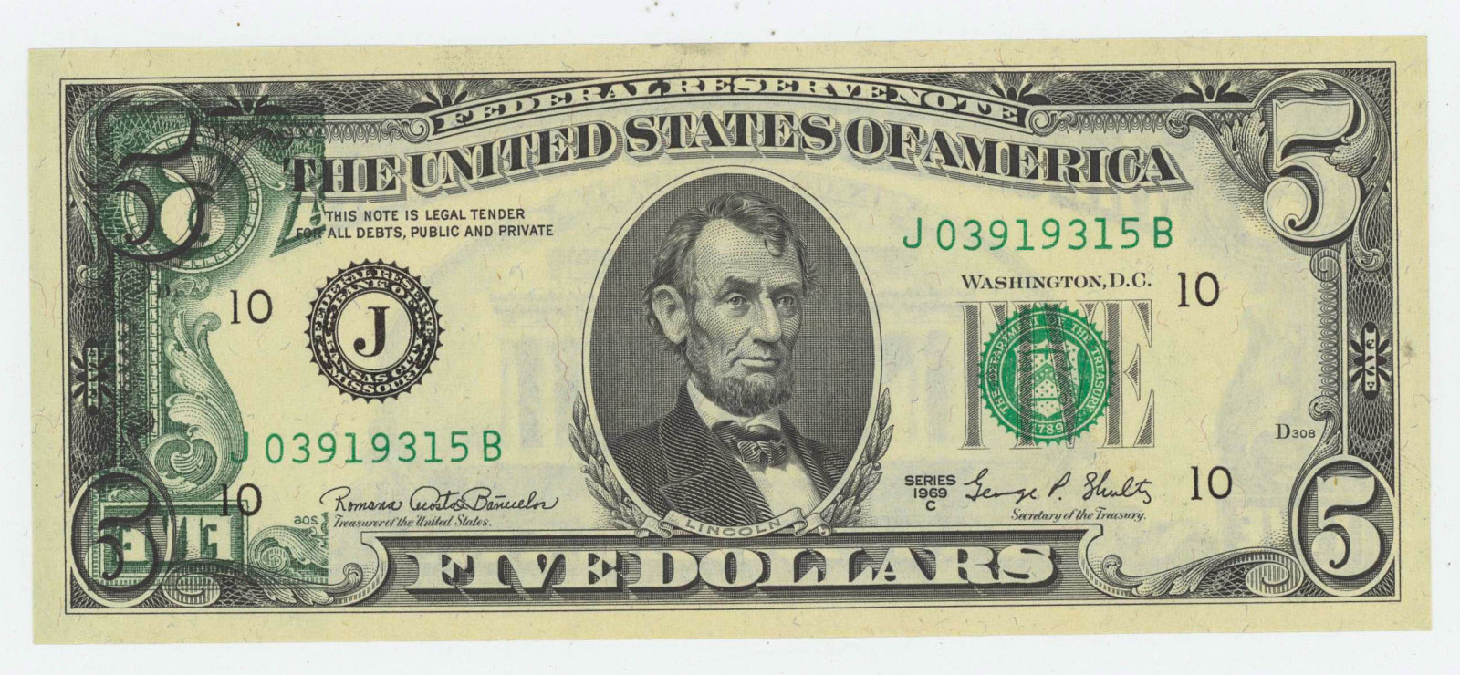 1969 FIVE DOLLAR NOTE WITH INK TRANSFER ERROR