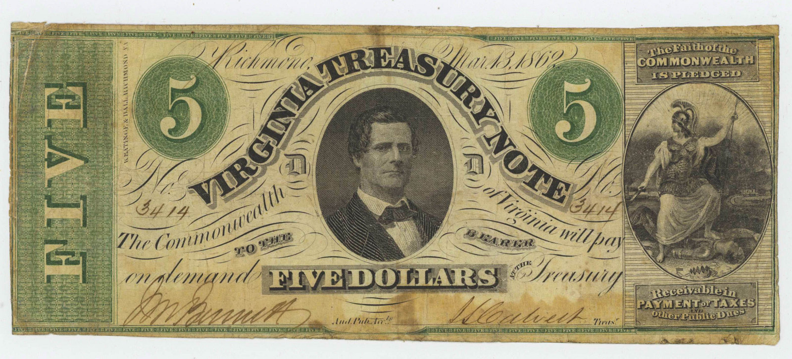 1862 CONFEDERATE FIVE DOLLAR NOTE RICHMOND