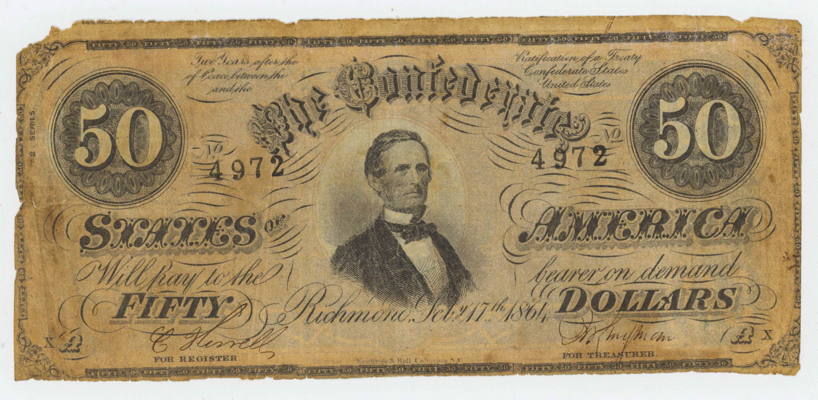 1864 CONFEDERATE FIFTY DOLLAR NOTE RICHMOND
