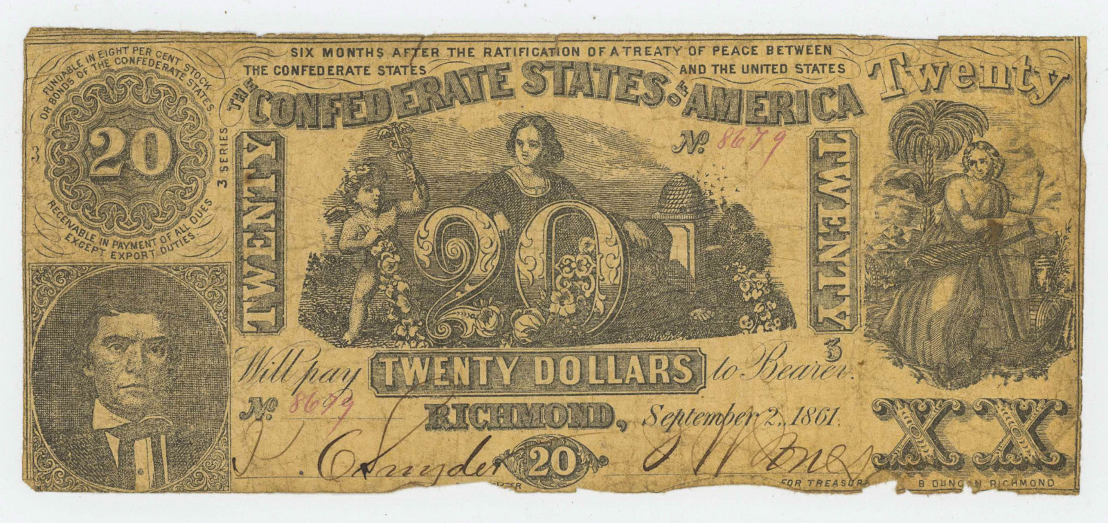 1861 CONFEDERATE TWENTY DOLLAR NOTE RICHMOND