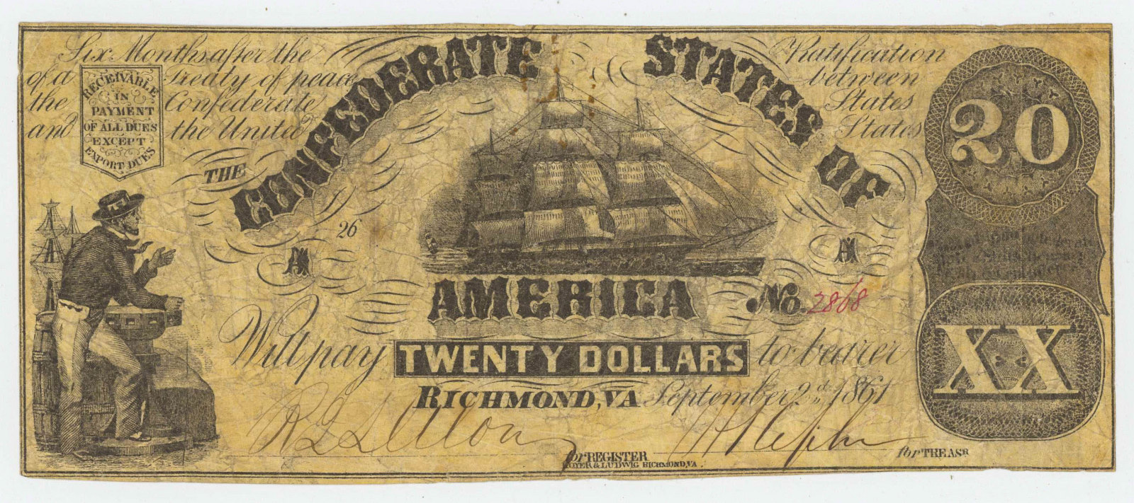 1861 CONFEDERATE TWENTY DOLLAR NOTE RICHMOND
