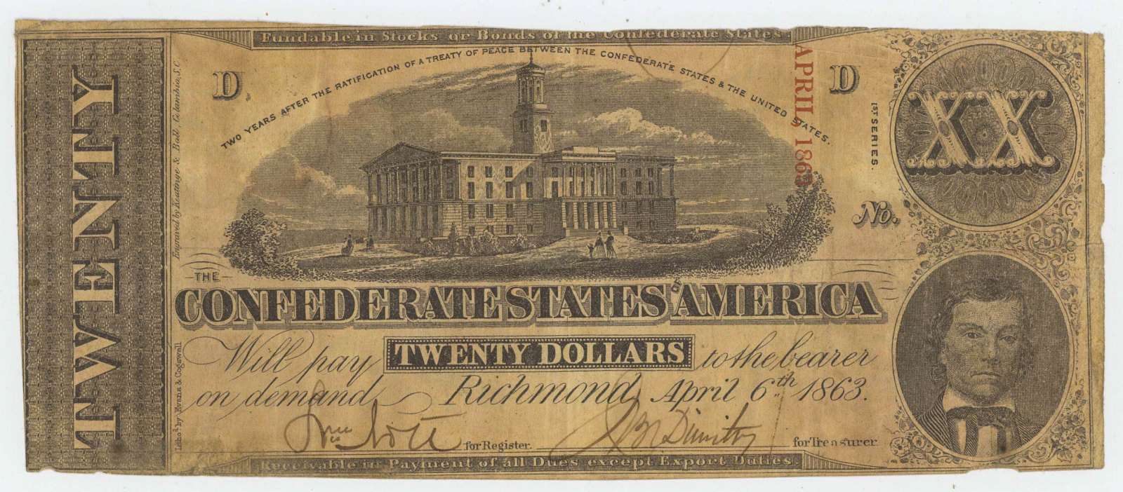 1863 CONFEDERATE TWENTY DOLLAR NOTE RICHMOND