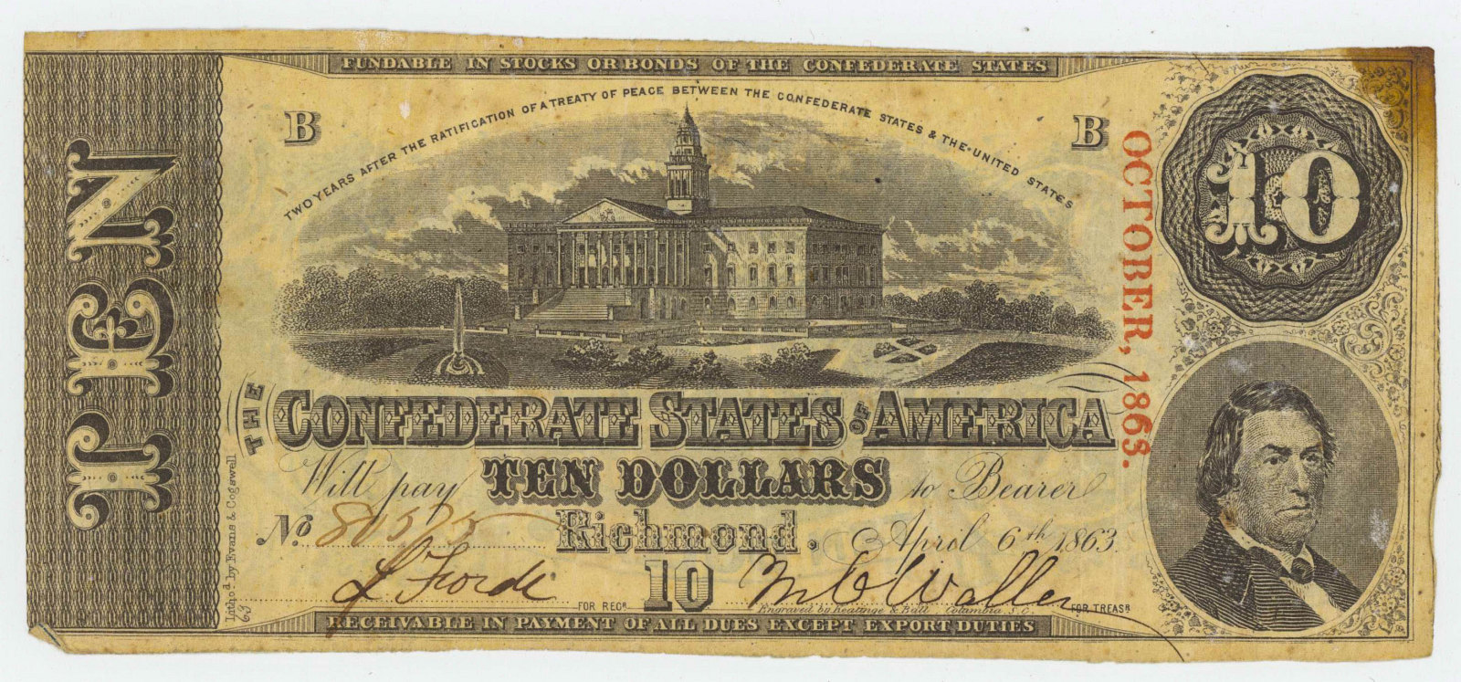 1863 CONFEDERATE TEN DOLLAR NOTE RICHMOND