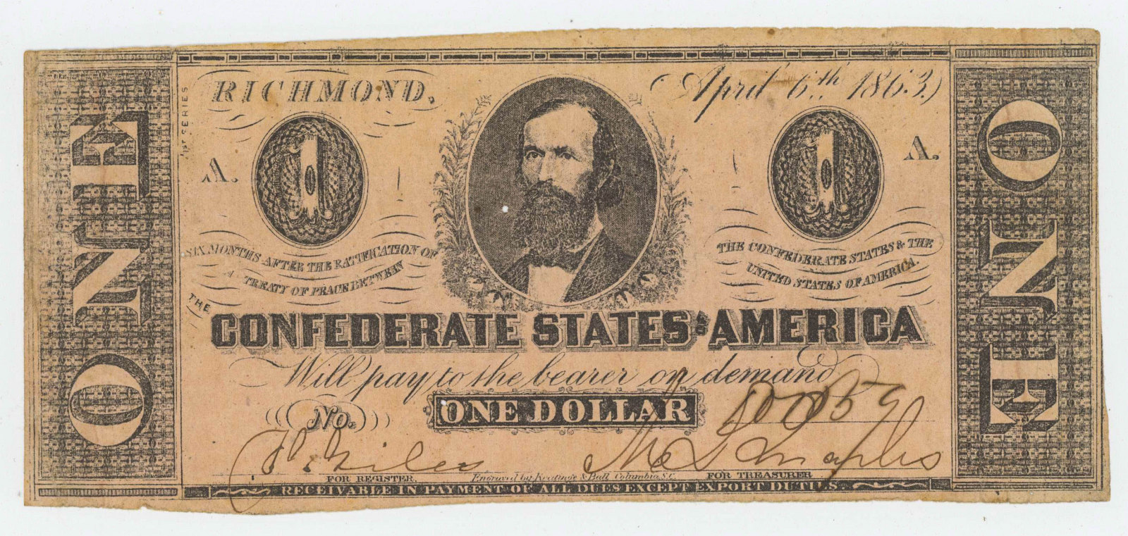 1863 CONFEDERATE ONE DOLLAR NOTE RICHMOND