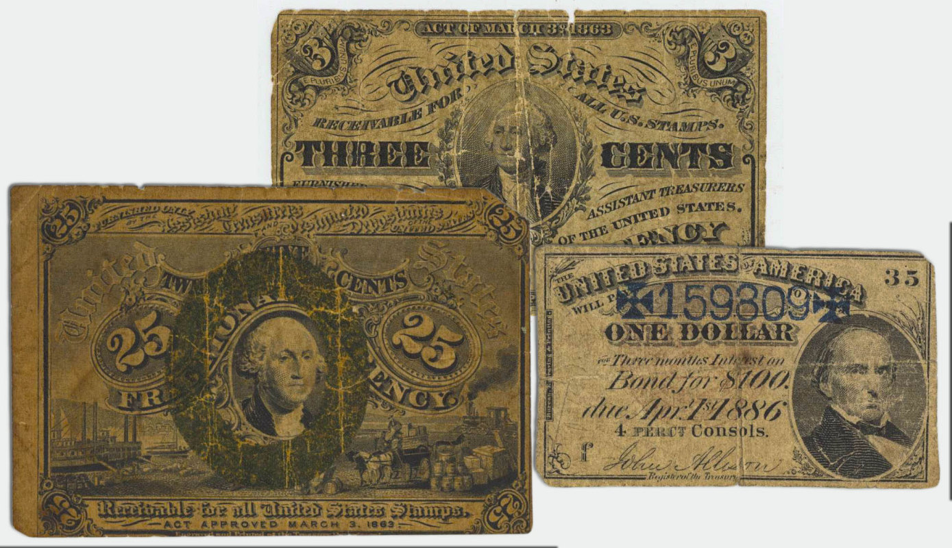 TWO FRACTIONAL CURRENCIES AND 1886 $100 BOND NOTE