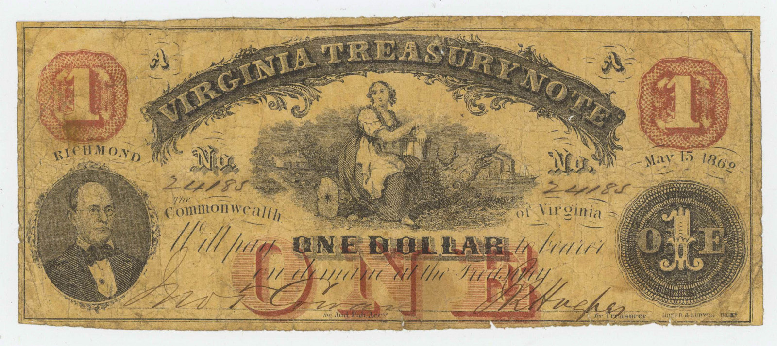 CONFEDERATE 1862 VIRGINIA TREASURY NOTE ONE DOLLAR