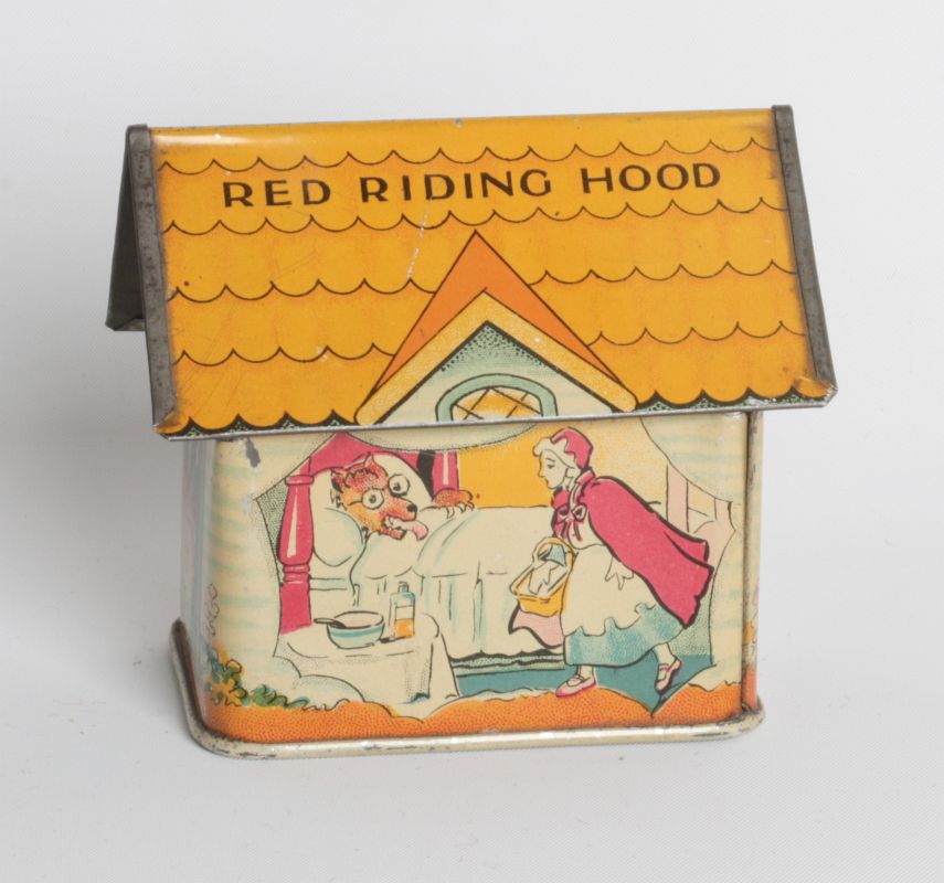 A RED RIDING HOOD COTTAGE TIN LITHO BISCUIT TIN