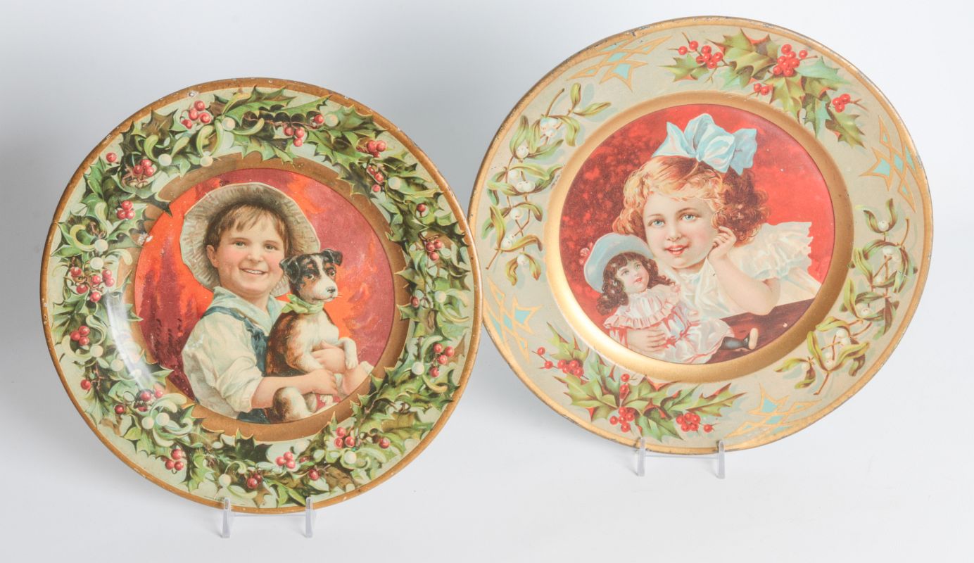TWO TIN LITHO PLATES WITH CHILDREN'S PORTRAITS