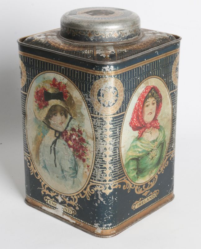 A LITHOGRAPHED TIN TEA CANISTER W/ BRITISH LADIES