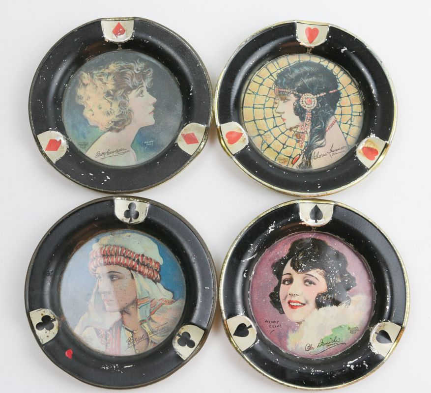 FOUR HENRY CLIVE PLAYING CARD MOTIF TRAYS W/LADIES
