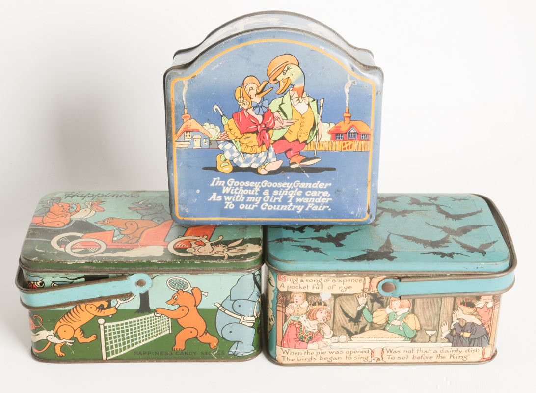 THREE TIN LITHO BISCUIT AND LUNCH PAIL TINS