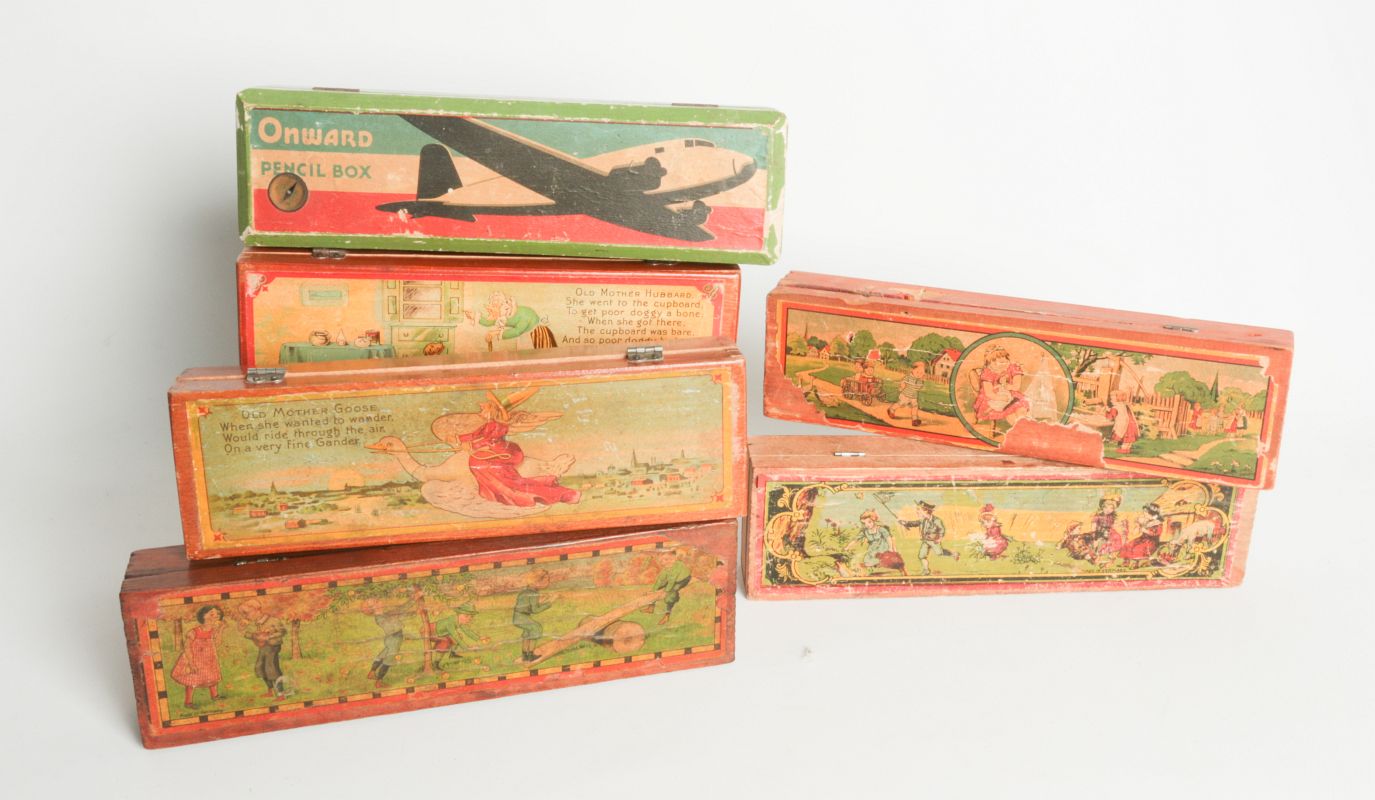 LITHO ON WOOD AND WWII PAINTED WOOD PENCIL BOXES