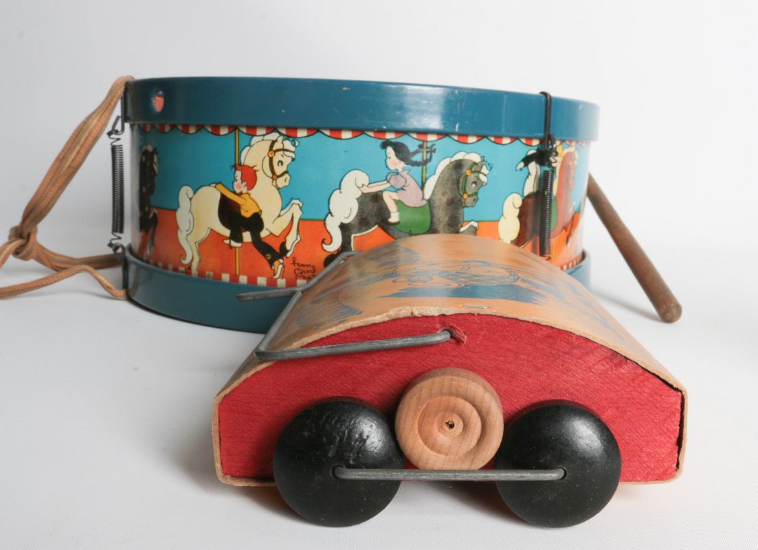 A FERN BISEL PEAT TIN LITHO DRUM WITH TOY SWEEPER