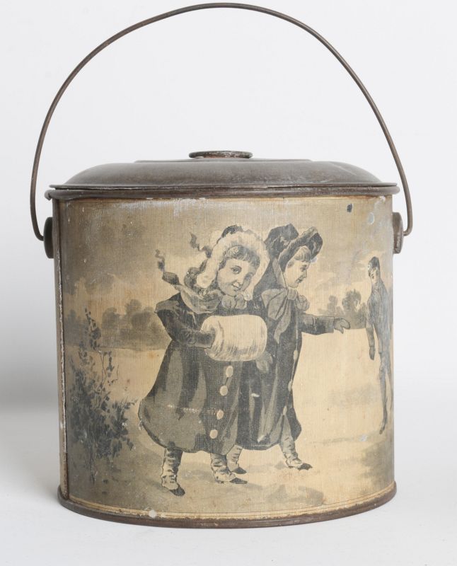 A TIN LITHO CHRISTMAS AND ADVERTISING LIDDED PAIL
