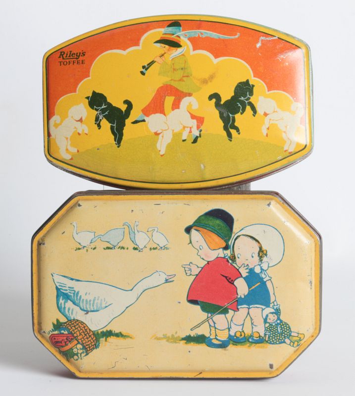 A PAIR OF TIN LITHO TOFFEE TINS