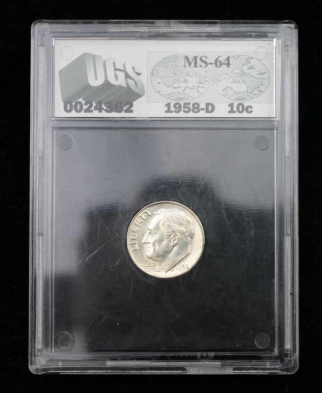 A 1958 D ROOSEVELT DIME GRADED BY UGS MS-64