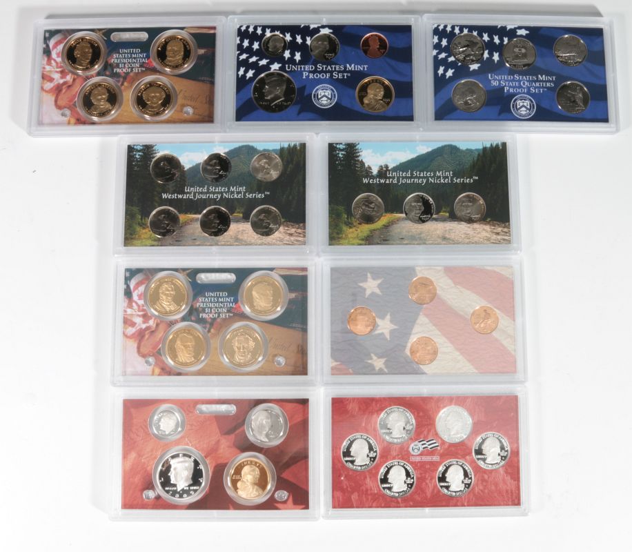 NINE POST-2000 US MINT PROOF AND COIN SETS