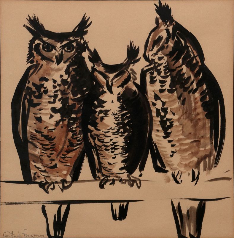 GERTRUDE FREYMAN (1901-1994) OWLS WATERCOLOR