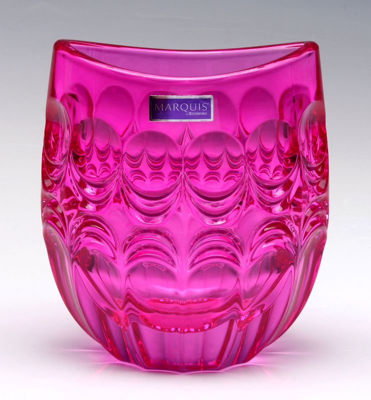A WATERFORD MARQUIS PRIMROSE MAGENTA VASE AND BOX