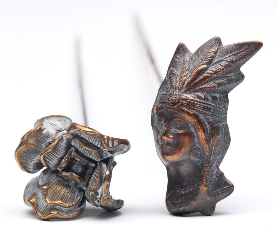 TWO ANTIQUE FIGURAL HAT PINS