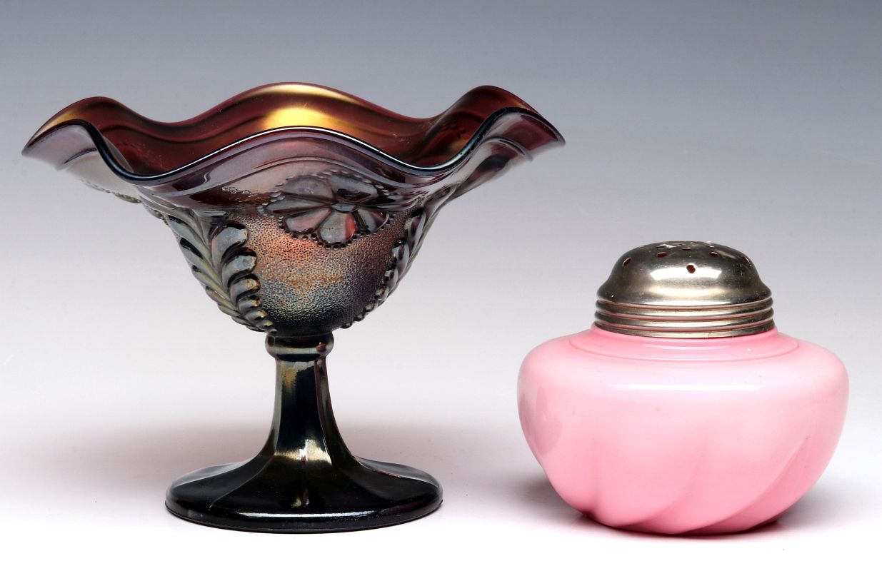 A CARNIVAL GLASS COMPOTE AND VICTORIAN MUFFINEER