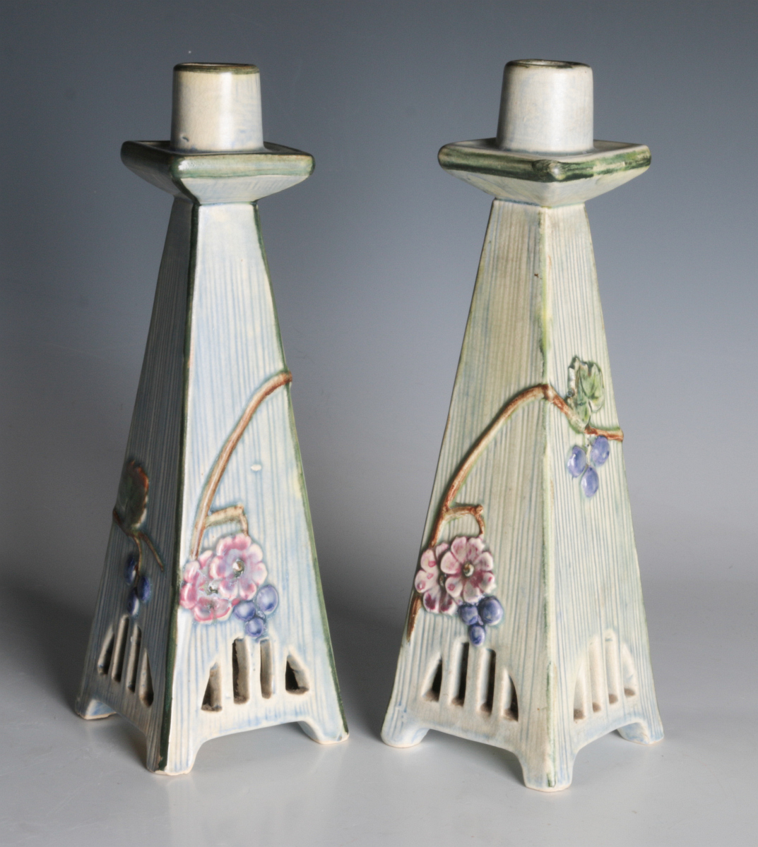 PAIR OF WELLER 'KLYRO' ART POTTERY CANDLE HOLDERS