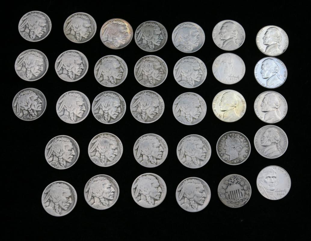 A COLLECTION OF 38 US NICKELS OF VARIOUS TYPES