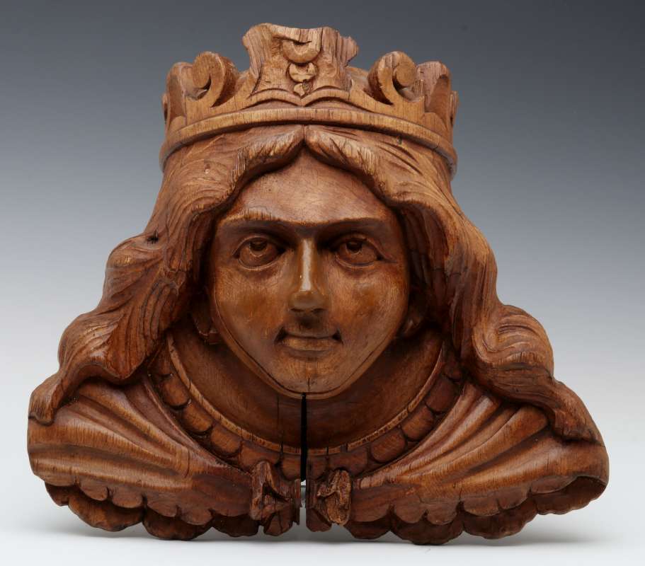 A CARVED WOOD CAROUSEL MASK OF OF BOUDICA, C 1900